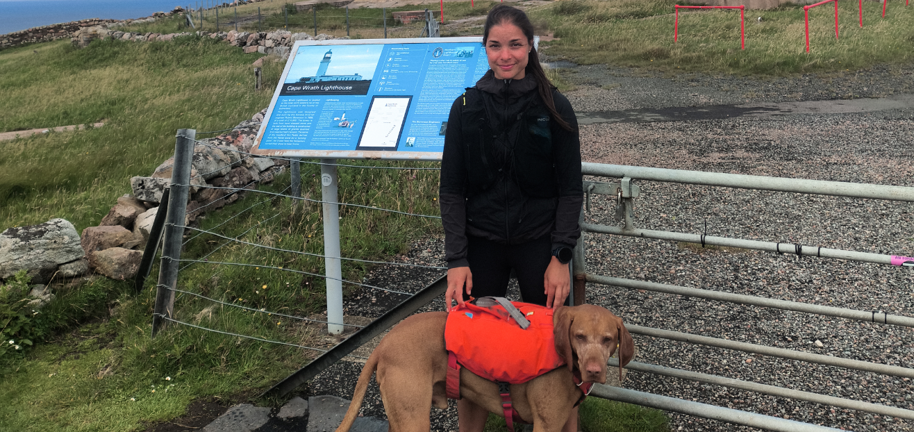Sarah Perry (and Murphy her dog) at Cape Wrath Lighthouse