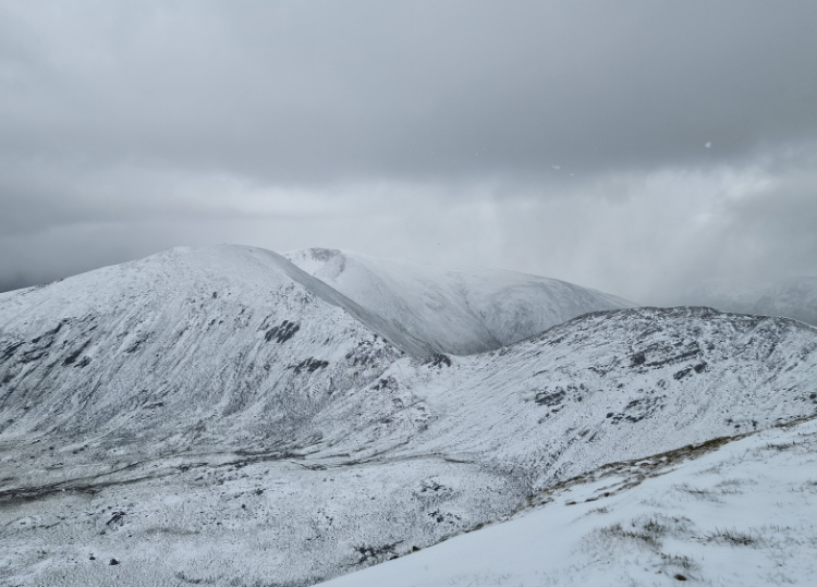 Snowy landscape with a dark snowstorm in the background