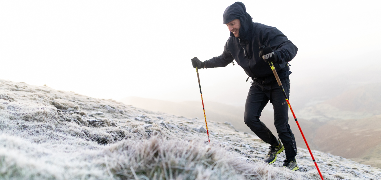 James Gibson running up a frosty hillside