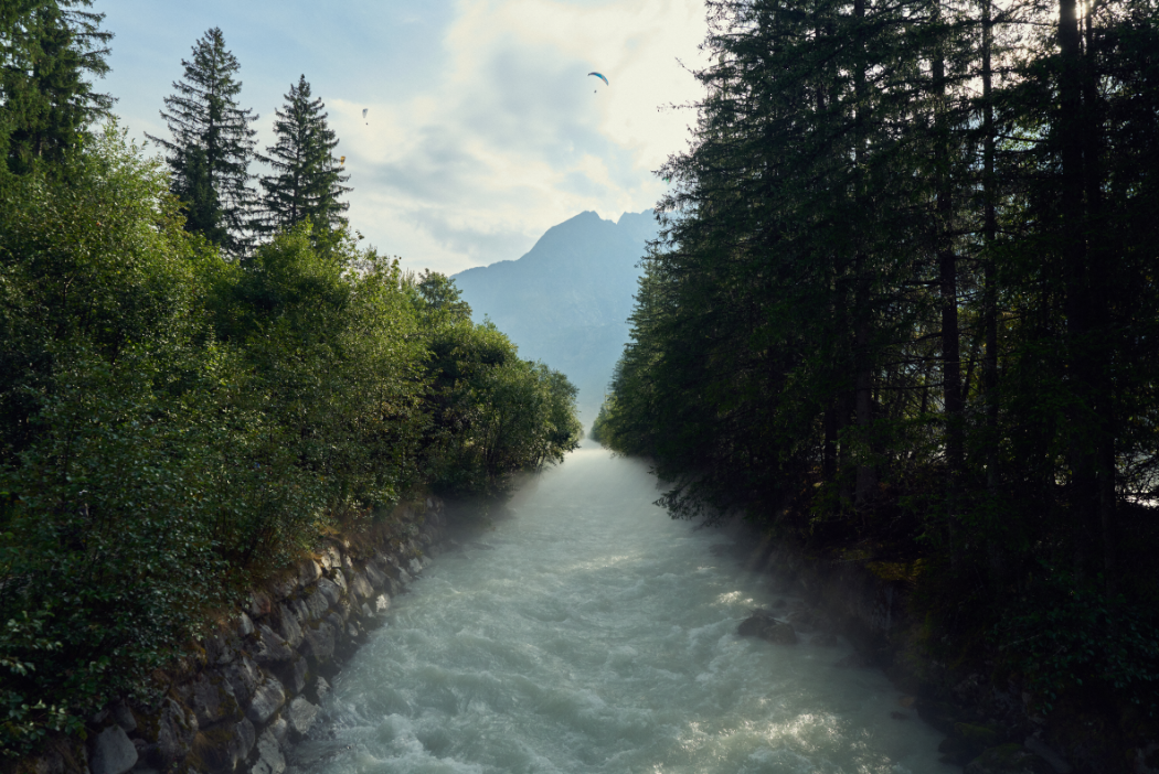 A blue alpine river between woods, with mountains in the background.